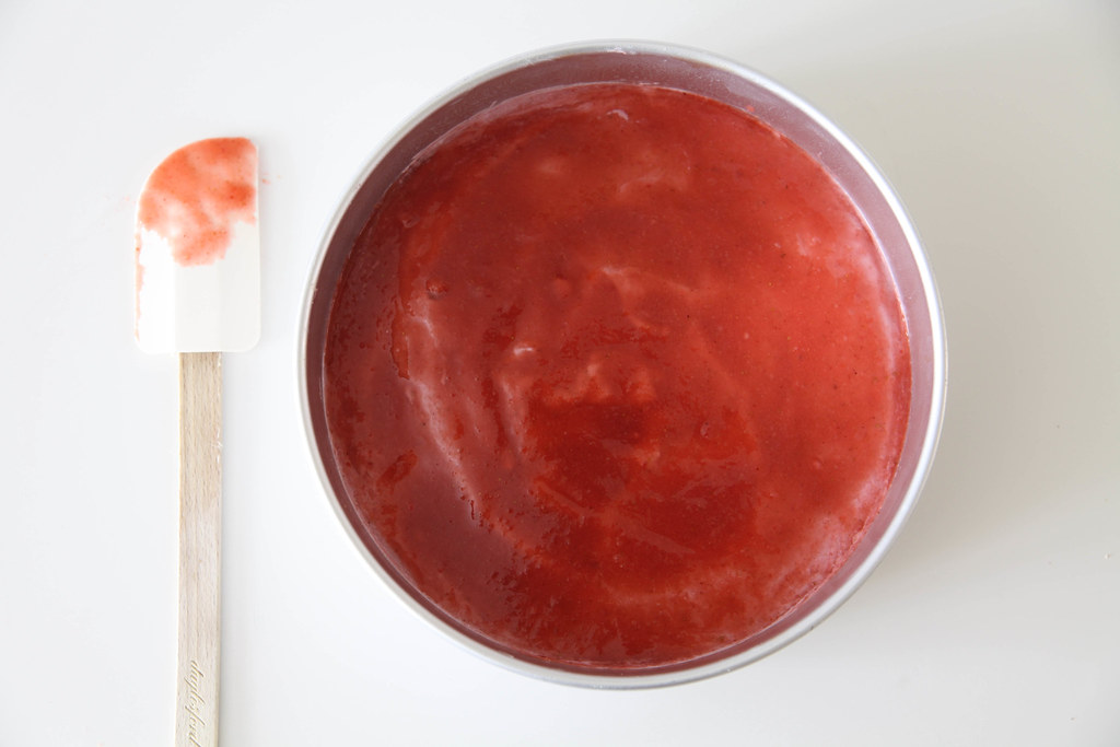 The strawberry glaze poured over the top